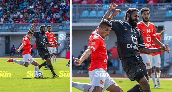 Rewa striker Anish Khem about to make an attempt while Ba defender and captain Ilimotama Jese closes in at the ANZ Stadium, Suva, on December 12, 2021. Rewa won 1-0. Photo: Leon Lord