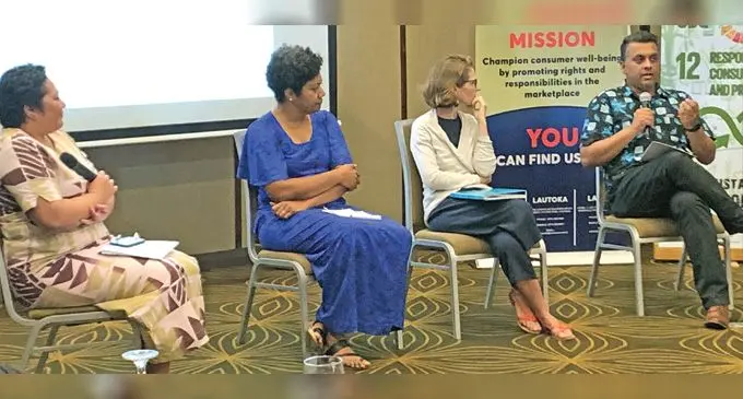 From left: Moderator, Michelle Tevita-Singh, Fiji Sun Acting CEO, Rosi Doviverata, DIKODA managing director, Sophie Goudet, and FBC News director, Indra Singh during a panel discussion on the role of media yesterday.  Photo: Josefa Babitu