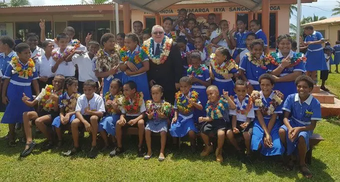 Outrigger Fiji Beach Resort general manager Peter Hopgood (middle) with the newly-inducted prefects of Nadroga Sangam School on February 8, 2018. Photo: Arieta Vakasukawaqa