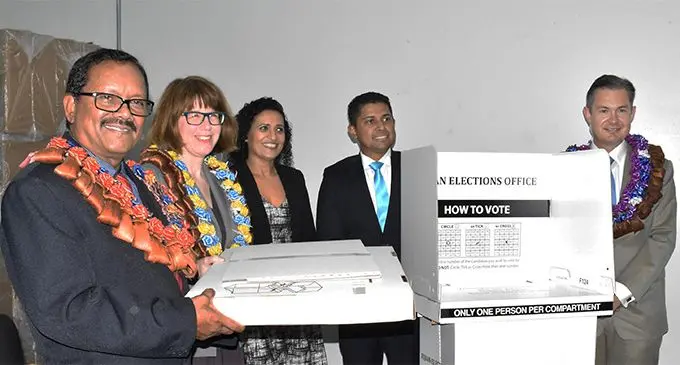From left: Electoral Commission chairperson Suresh Chandra, New Zealand Electoral Commission chief electoral officer Alicia Wright, Electoral Commissioner  Kavita Raniga, Supervisor of Elections  Mohammed Saneem, and the New Zealand High Commissioner to Fiji Jonathan Curr.    Photo:  Fijian Elections Office