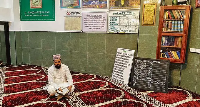 Molana Agher Ali reading the Quran at the Vanua Levu Muslim League Jame Mosque on April 14, 2021. Photo: Laisa Lui