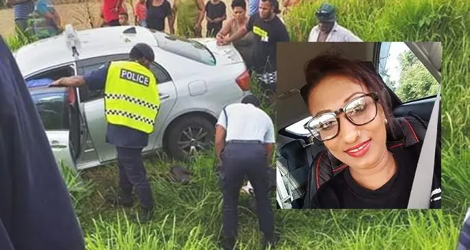 The taxi veered of the road at Vitogo, Lautoka and landed in a drain. Insert: Tazleem Imran, 34, who was a passenger in the taxi on Sunday died at the scene.