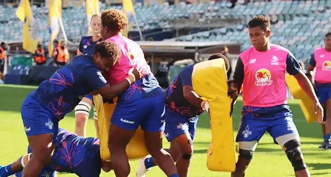 Rooster Chicken Fijian Drua during their warm-up at the GIO Stadium in Canberra, Australia, on April 6, 2024. Photo: Fijian Drua 