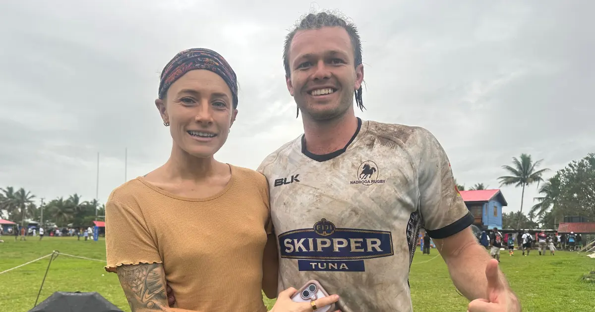 Jacob Goeppner and his fiancée Morgan at Burebasaga school grounds on October 3, 2026. 