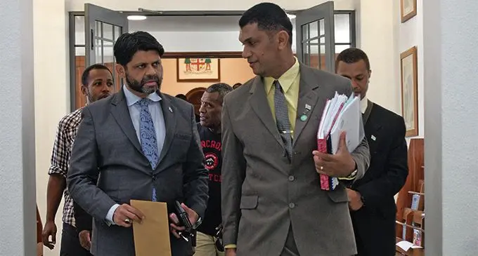Attorney-General and Minister for Economy Aiyaz Sayed-Khaiyum with Opposition Member of Parliament Aseri Radrodro outside Parliament on April 1, 2019. Photo: Ronald Kumar