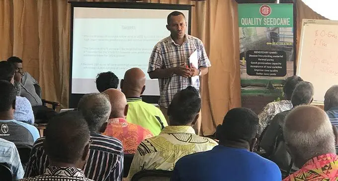 Fiji Sugar Corporation Cane Development Manager, Timoci Sila speaking to Drasa sector sugarcane farmers. Photo: Kelera Sovasiga-Tuisawau