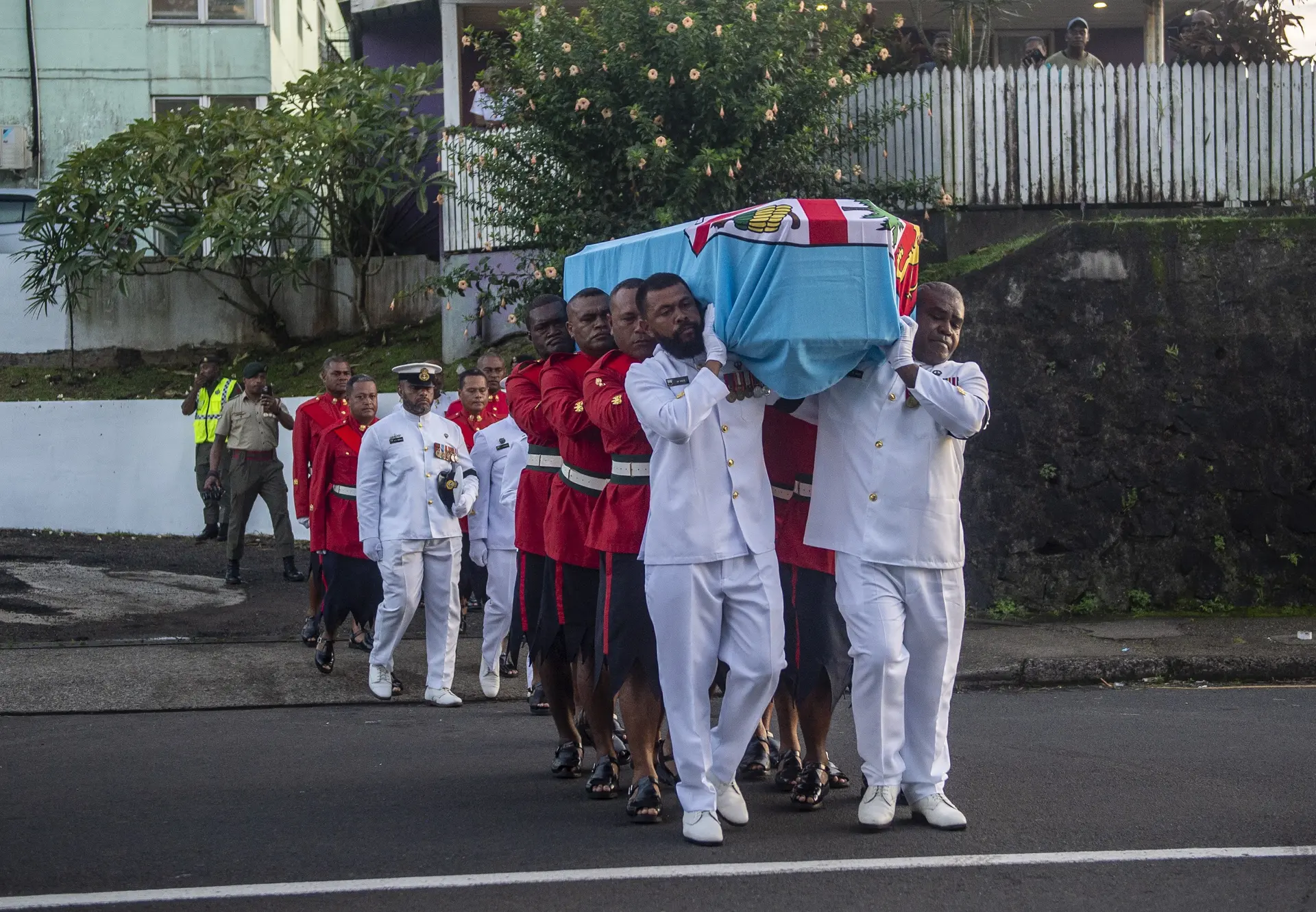 The casket of former President Ratu Epeli Nailatikau was gently carried by RFMF pallbearers from the Colonial War Memorial Hospital morgue and placed onto a gun carriage before the procession into Suva city on April 16, 2026.