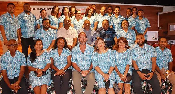 Minister for Commerce, Trade, Tourism and Transport Faiyaz Koya (middle, third from left), Minister for Defence, Security and Policing Inia Seruiratu, Jokhan Realtors managing director Reginald Jokhan with the firm’s real estate agents and guests during Jokhan Realtors Pte Ltd’s 22-year anniversary celebration at Paradiso Restaurant and Bar, Albert Park, Suva on April 23, 2022. Photo: Ministry of Commerce, Trade, Tourism and Transport