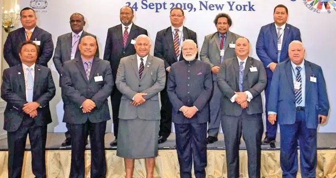 Prime Minister Voreqe Bainimarama (front, third from left), Indian counterpart Narendra Modi (front, fourth from left), and other Pacific Island leaders and representatives during the India-Pacific Islands Leaders’ Meeting in New York on September 24, 2019.  Photo: PM’s Office