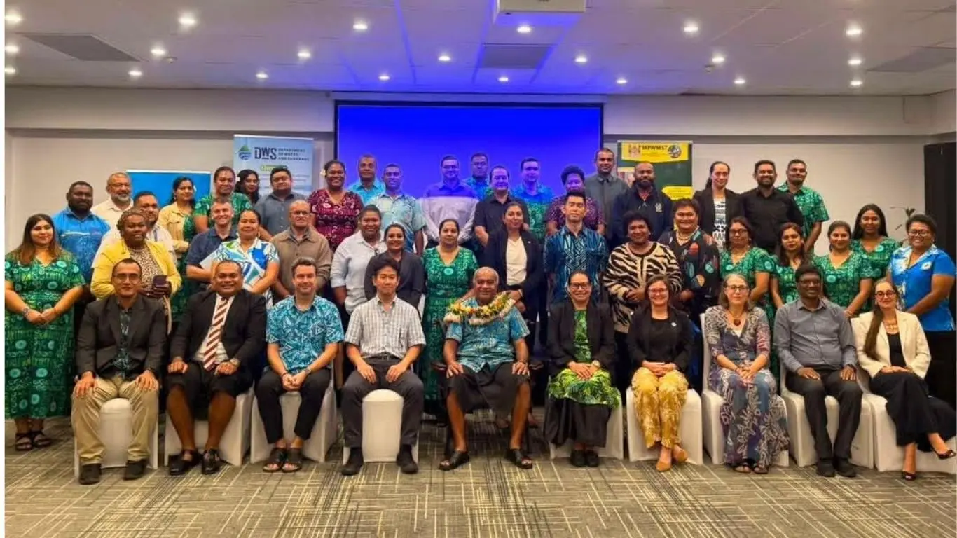 Assistant Minister for Transport Naisa Tuinaceva (sitting fifth from left) with stakeholders during the launch of the first National Water Resources Management and Sanitation Policy on July 28, 2026. Photo
