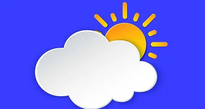 Sunny Day Weather forecast info icon. Yellow Sun symbol paper cut style on blue. Climate weather element. Trendy button for Metcast WF report mark, meteo mobile app, business, web.