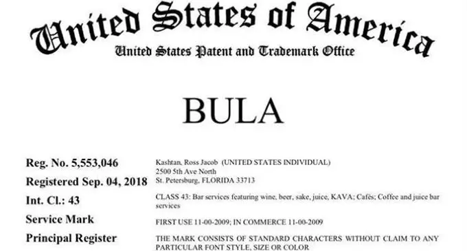 A copy of the certificate trademarking the word "bula".