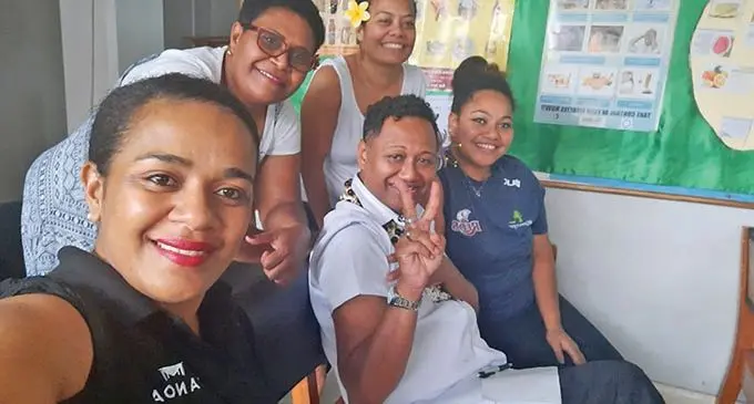 Staff members of Tanoa Hotel Group, from left; Mere Rakoroi, Esita Mara, Vere Moimoi, Joseph Kauchappan and Tima Sauqaqa after being vaccinated at the Tanoa International Hotel in Nadi. Photo: Waisea Nasokia