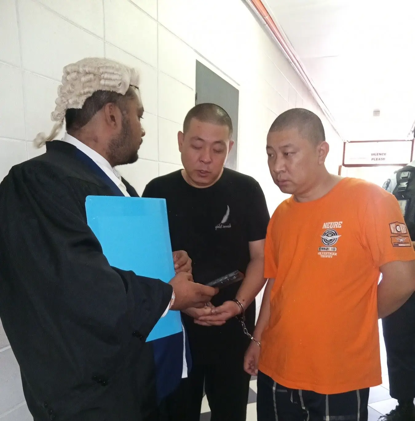 From left: Defence lawyer Rajshneel Chand, accused Wang An and Xu Qiang at the High Court in Lautoka on October 6, 2025.