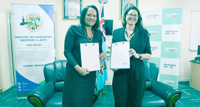 Minister for Education, Heritage and Arts Rosy Akbar (left), and Australia’s Counsellor for Development Cooperation, Joanna Houghton on January 18, 2021.