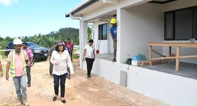 Minister for Women, Children and Poverty Alleviation, Rosy Akbar at the construction site of the Fiji Barefoot Vocational Training College (FBVTC) at Wainikoro Village, in the District of Nadogo, in Macuata.