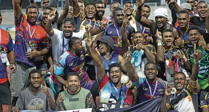 Fiji Bitter Marist 7s winners, Tabadamu and Under-21 champions, Dominion Brothers celebrate at ANZ Stadium in Suva on September 26, 2020.  Photo: Kelera Sovasiga