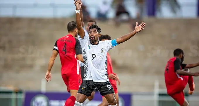 Fiji men’s football captain Roy Krishna pleads to the referee during their OFC Nations Cup clash against Papua New Guinea on June 16, 2024. Fiji won 5-1. Photo: Leon Lord  