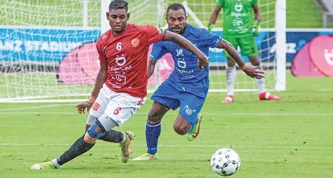Rewa defender Kishan Sami gets to the ball ahead of Lautoka’s Joses Nawo at the ANZ Stadium, Suva, on June 19, 2022. Photo: Leon Lord