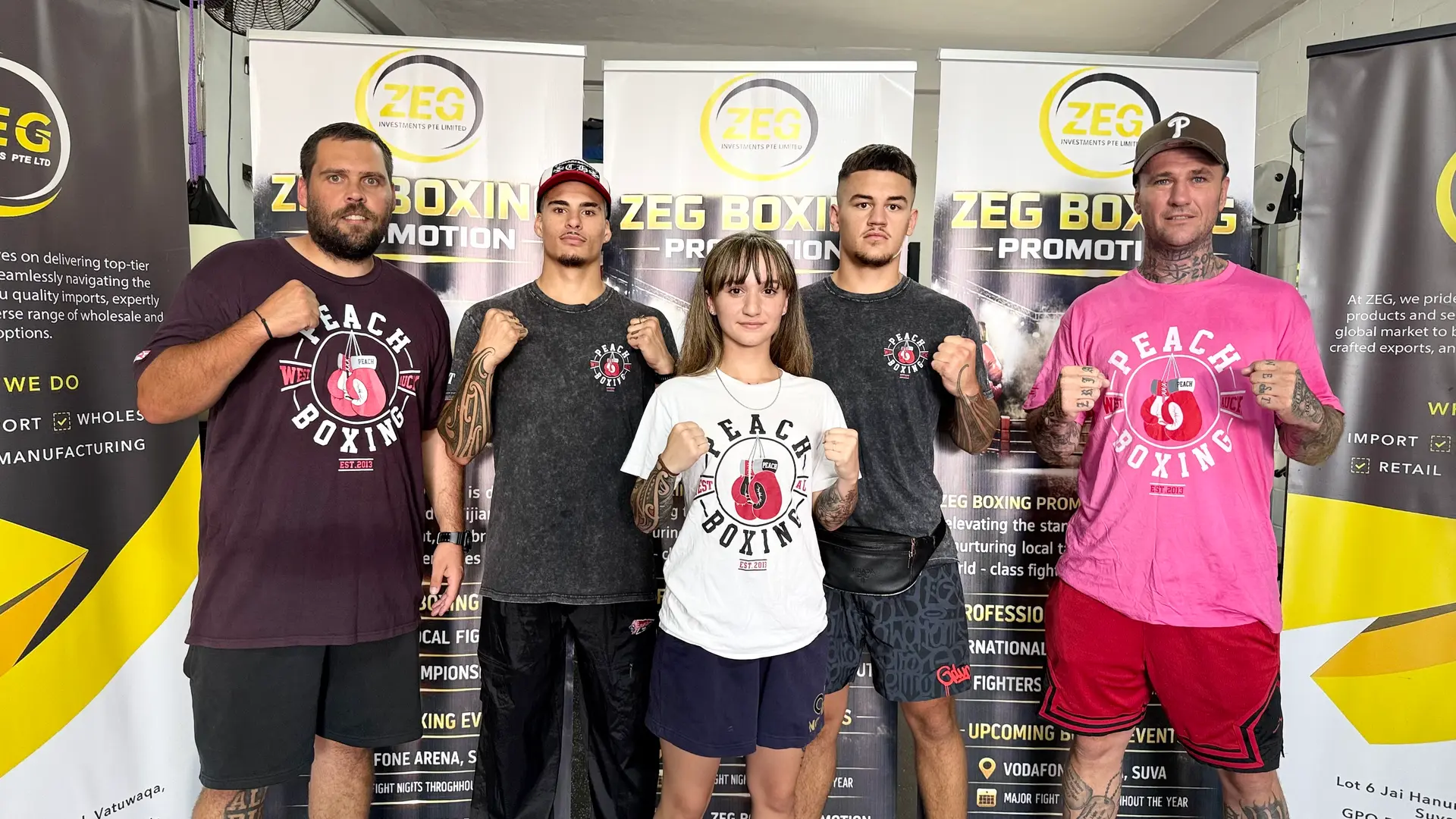 From left: Boxing coach Ben Williams, Sonny Morini, Emma Nesbitt, Kyan Hand and coach Issac Peach on March 26, 2026. 