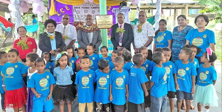 Kindergarten students and teachers with Assistant Minister in the Office of the Prime Minister, Sakiusa Tubuna, during the commissioning ceremony of the kindergarten extension at Nabua Primary School on April 25, 2025. Photo: Kaneta Naimatau