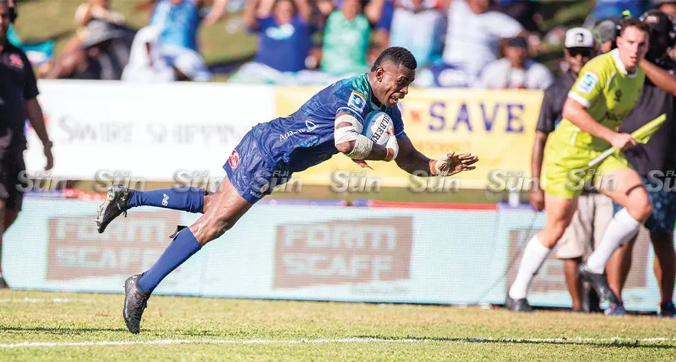 Swire Shipping Fijian Drua winger Taniela Rakuro dives to score his second try against Moana Pasifika on April 27, 2024.   Photo: Josua Buredua
