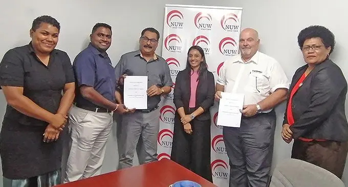 Mererai Vatege, Wormald Fire and Security general manager, Ravinesh Deo, FTUC general secretary Felix Anthony, Malka Khan, Mike Jamie and Ministry of Employment mediator Ateca Vakatora in Lautoka. Photo: Mereleki Nai