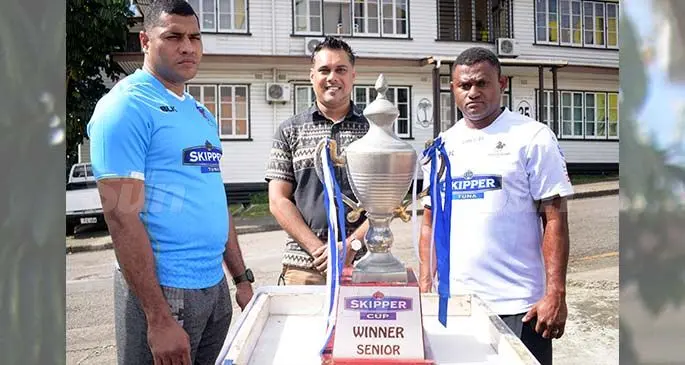 From left: Suva vice-captain John Stewart, CJ Patel chief marketing officer Ashwin Prasad and Nadroga team manager Semi Cabenalotu during the launch in front of Rugby House, Suva on July 16, 2020. Photo: Ronald Kumar
