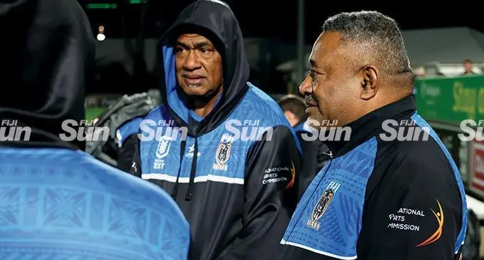 Vodafone Fiji Bati coach Josaia Rabele and manager Tevita Korosaya at St Mary’s ground in Sydney, Australia, on June 22, 2022. Photo: Simione Haravanua