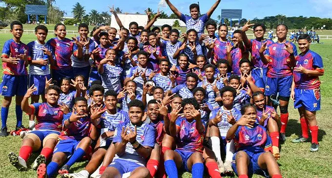 Members of the Sigatoka Methodist College and Votualevu College teams pose after their clash on July 27, 2024. Photo: Waisea Nasokia  