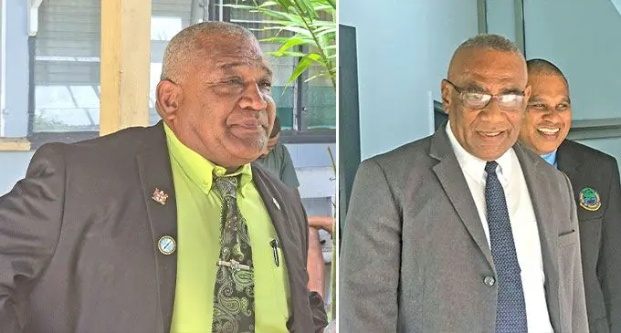 Former Minister for Fisheries Kalaveti Ravu and Defence lawyer Joji Cakau, with client, Ministry of Fisheries Regional Manager North, Tekata Toaisi.