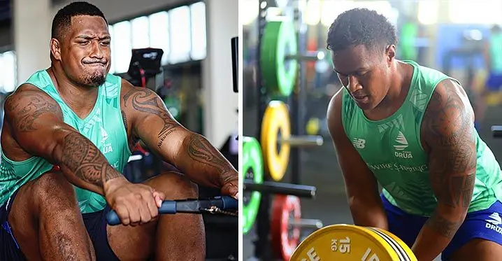 Left: Swire Shipping Fijian Drua powerhouse No.8 Te Ahiwaru Cirikidaveta and (right) lock Leone Rotuisolia during their gym session at the Drua Homebase in Legalega, Nadi. Photo: Fijian Drua