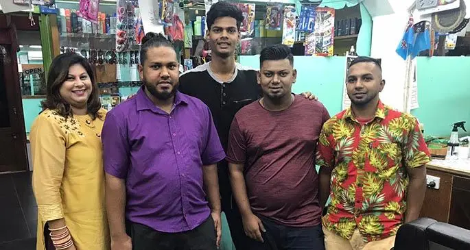 From left: Shazna Hussain with staff Abdul Faiyaz, Muazzaz Mohammed, Raihaan Ali and Mizan inside her shop on May 22, 2020. Photo: Lusiana Tuimaisala
