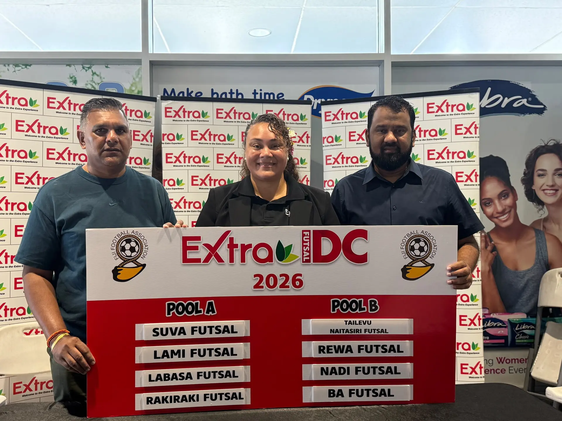 From left: Fiji Football Association vice-president South Rikash Pratap, Extra Supermarket chief marketing officer Leilani Burns, Fiji Football Association vice-president Rayaz Khan on October 16, 2026. Photo: Tevita Wesele
