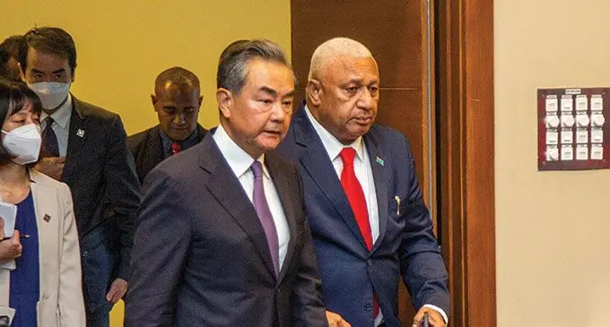  Minister of Foreign Affairs of the People's Republic of China, Wang Yi alongside Prime minister Voreqe Bainimarama during  his  state visit press conference at the Grand Pacific Hotel in Suva on 30 May, 2022. Photo- Leon Lord 