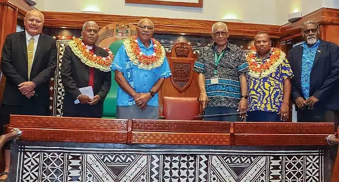 From left: Deputy Prime Minister and Minister for Education, Tourism and Civil Aviation Viliame Gavoka, Preasident of the Methodist Church in Fiji and Rotuma Reverend Dr Semisi Turagavou, Prime Minister Sitiveni Rabuka, Speaker of Parliament Ratu Naiqama Lalabalavu, Leader of Opposition Inia Seruiratu and the Minister for A griculture and Waterways, Tomasi Tunabuna, in Parliament on March 2, 2024.