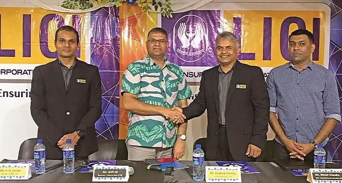 From left: LICI IT manager Kadayil Babu Sarath, Reserve Bank of Fiji Governor Ariff Ali, LICI general manager Pradeep Shenoy, Oceanic Communication Limited general manager Nitesh Chandra during the launch of the LICI Portal and Mobile Application at the LICI headquarters on November 8, 2022. Photo: Laisa Lui