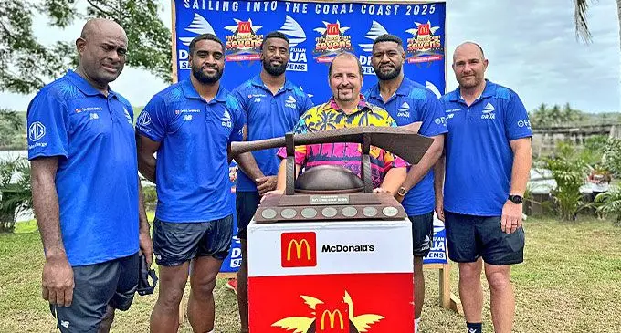 From left: Peceli Derederenalagi (Fijian Drua team manager), players: Kemu Valetini, Josefa Tamani, Emosi Tuqiri, Glen Jackson (Fijian Drua head coach) with Jay Whyte in Sigatoka on October 16, 2024. Photo: Fijian Drua