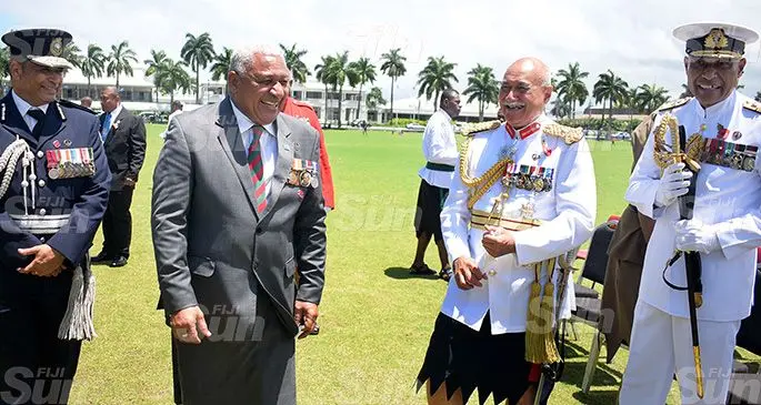 From left: Police Commissioner Brigadier-General Sitiveni Qiliho, Prime Minister Voreqe Bainimarama, President Major General (Ret’d) Jioji Konrote and the Republic of Fiji Military Forces Commander, Rear Admiral Viliame Naupoto following Fiji Day parade at Albert Park on October 10, 2019. Photo: Ronald Kumar