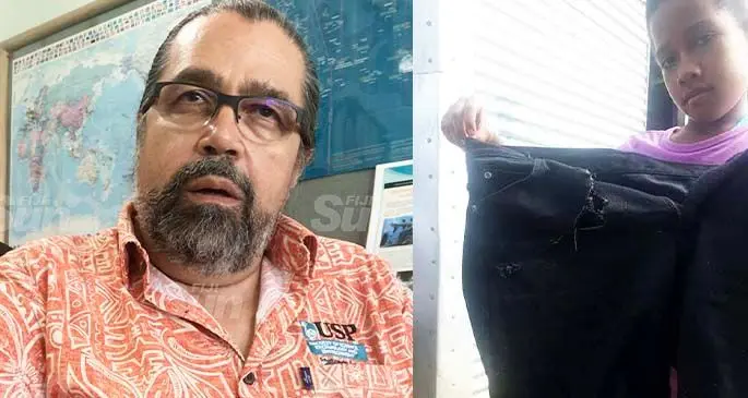 From left-right: Head of School of Marine Studies at the University of the South Pacific, Professor Ciro Rico (Photo: Iva Nataro) and a young Nukuni villager shows the torn part of Eliki Yaco Jr’s pants.
