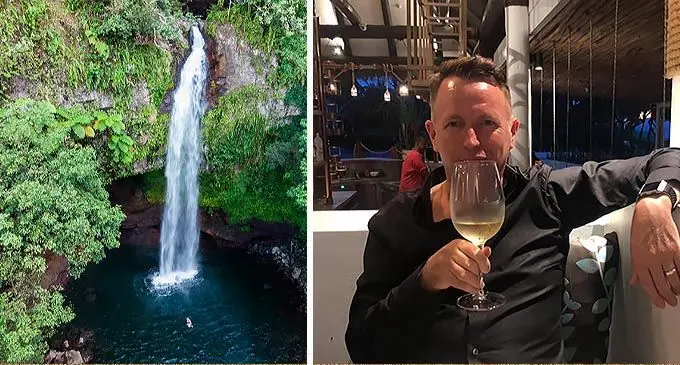 Tavoro Waterfall in Taveuni and Outrigger Fiji Beach Resort General Manager Darren Shaw.