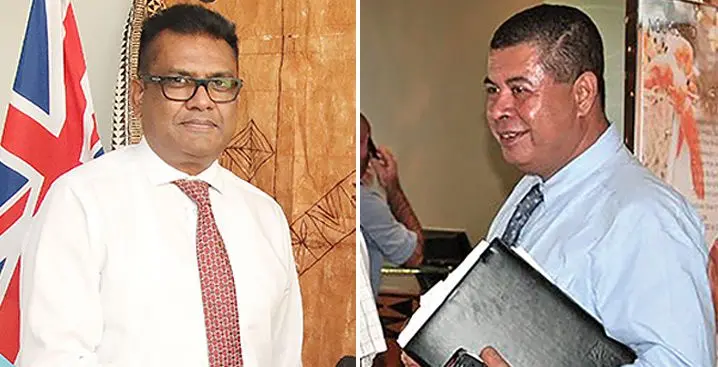 Former Permanent Secretary in the Office of the Prime Minister Yogesh Karan and the new Acting Permanent Secretary in the Office of the Prime Minister and Foreign Affairs Pita Wise.