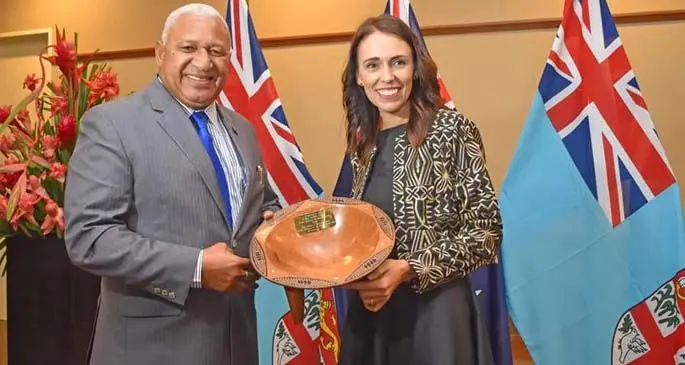  Fijian PM Voreqe Bainimarama with his New Zealand counterpart Jacinda Ardern.