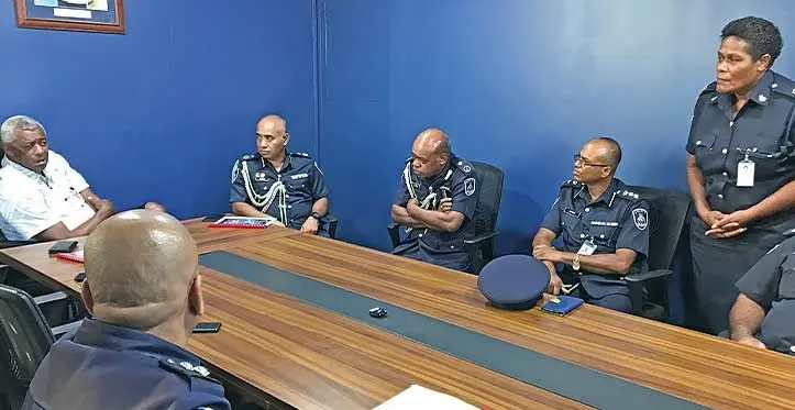 Minister for Home Affairs and Immigration Pio Tikoduadua (second from the left), with the various heads of Fiji Police Force inside the control room at the Labasa Police Station on April 13, 2023. Photo: Shratika Naidu