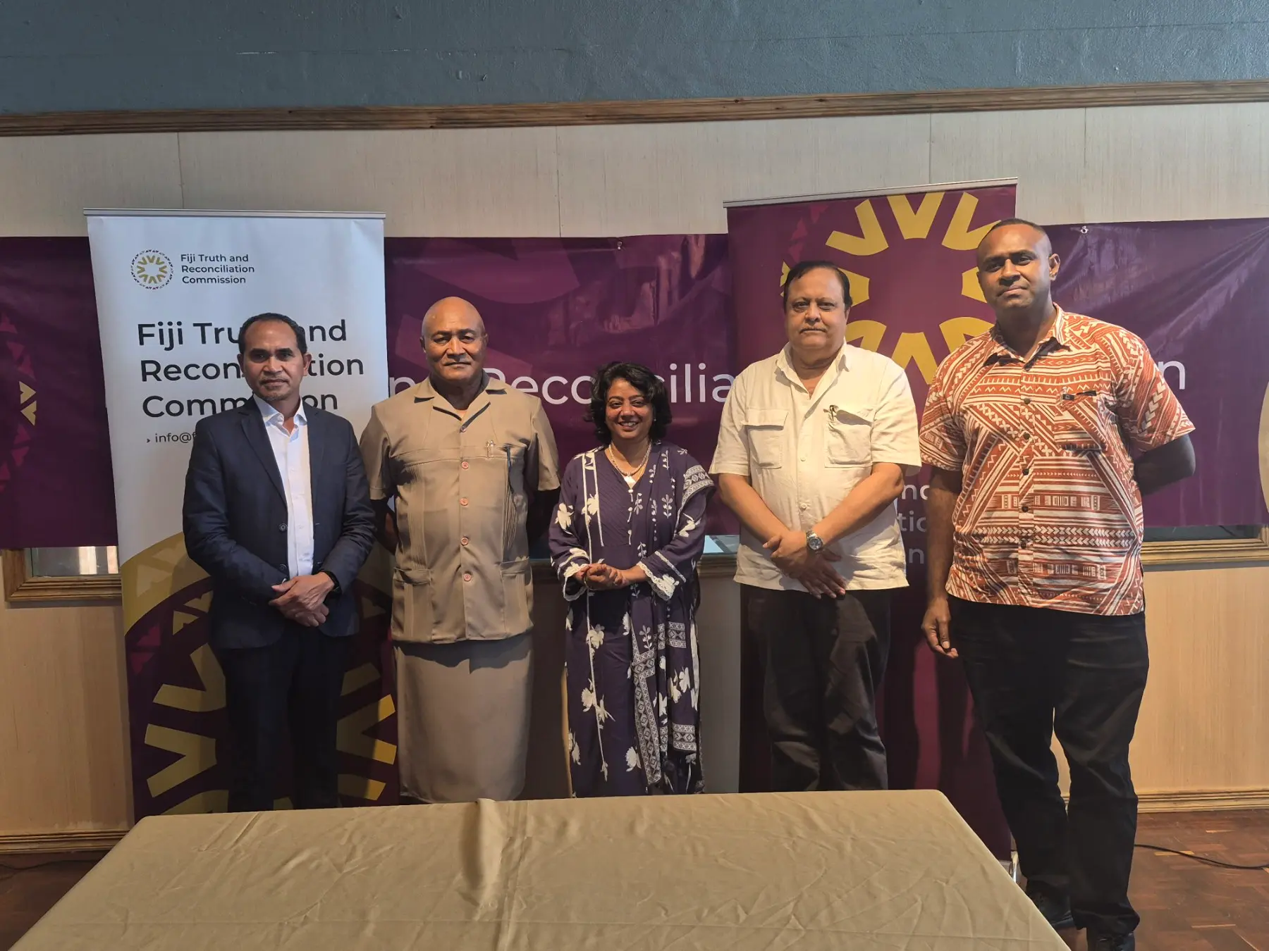 From left: Fiji Truth and Reconciliation Commission (FTRC) chairperson, Commissioner Joaquim Da Fonseca, Catholic priest Fr Ioane Sigarara, Minister for Women, Children, Social Protection and Cohesion Sashi Kiran, FTRC Commissioners Rajendra Dass and Jiutasa Vosikata. Photo: Kaneta Naimatau