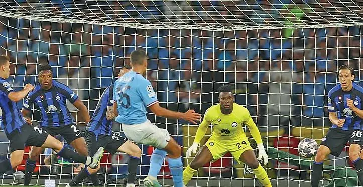 Manchester City’s Rodrigo (back to camera) on his way to score the winning goal against Inter Milan in the UEFA Champions League final at Ataturk Stadium in Instanbul, Turkey, on June 10, 2023. Photo: The Guardian