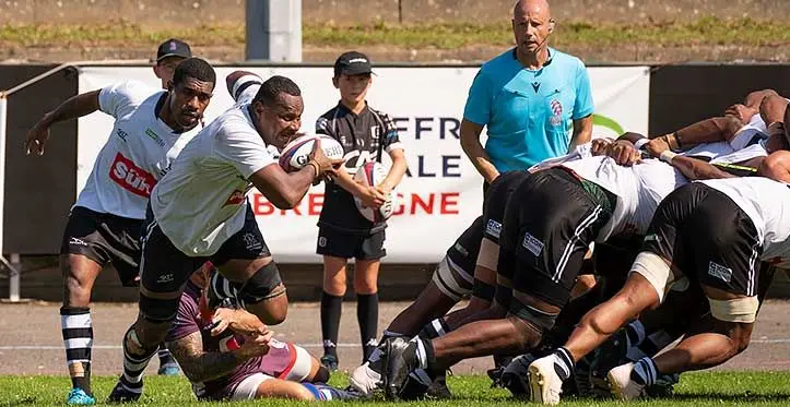 Republic of Fiji Military Force (RFMF)’s Paula Dranisinukula (with ball) leads an attack during their semifinal match against United Kingdom in the World Military Rugby Championship in France on September 4, 2023. Photo: World Military Rugby Championship