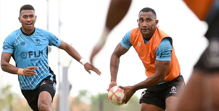 Fiji Airways Fiji 7s men’s players from left: Sikeli Basiyalo and Tira Welagi during the team’s training session in Los Angeles. Photo: World Rugby