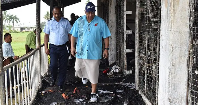 Prime Minister Voreqe Bainimarama on October 30, 2019, visits his former Degei House dormitory at Ratu Kadavulevu School, Tailevu, which was destroyed by fire last week. Photo: Office of the Prime Minister