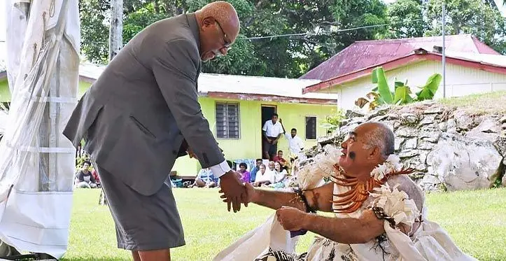 Prime Minister Sitiveni Rabuka congratulates the Turaga Bale na Vunivalu na Tui Kaba, Ratu Epenisa Cakobau at Bau Island on March 10, 2023. Photo: DEPTFO News